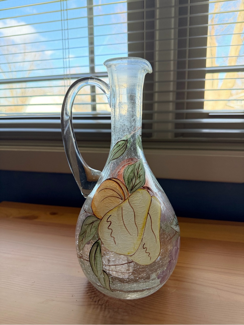 Vintage Hand-Painted Glass Pitcher with Fruit Motif - Clear